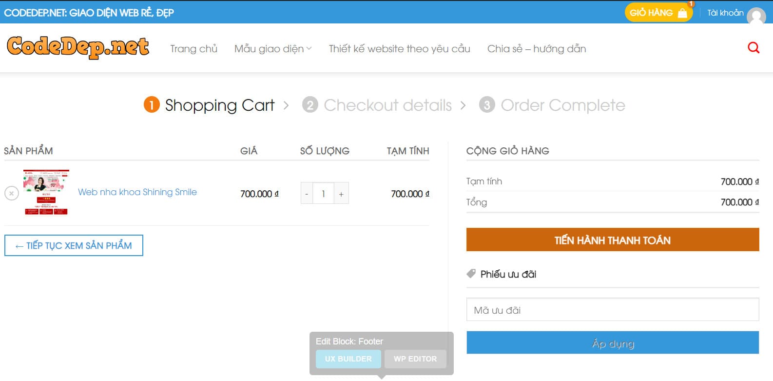 Vào giỏ hàng nhập mã giảm giá
