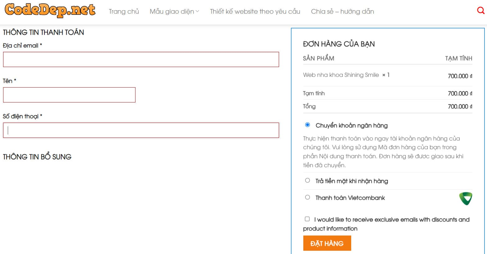 Điền đầy đủ thông tin để tạo đơn hàng